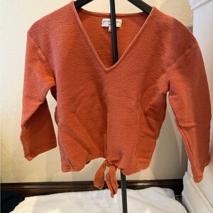 Madewell Texture & Thread Orange Tie Front Crop Top 3/4 Sleeve V-Neck Size S